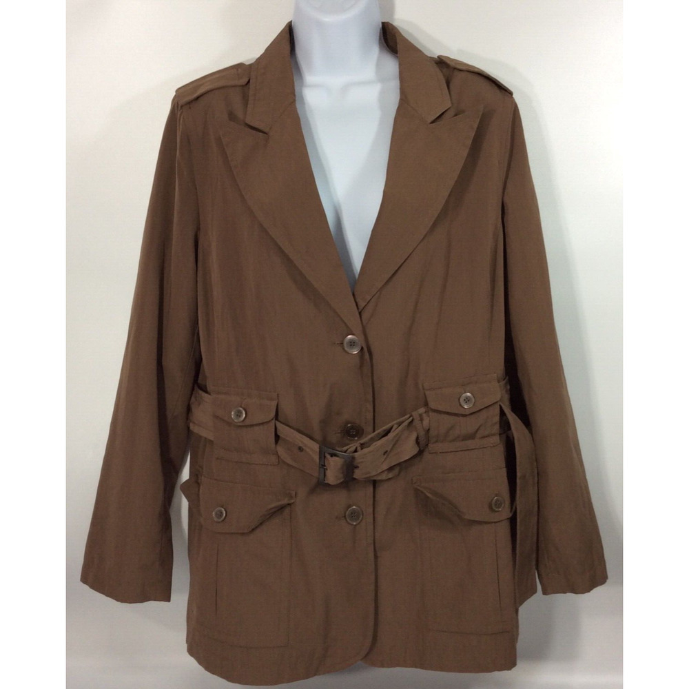 Dennis by Dennis Basso Medium Rain Jacket Brown Print Lined 4 Pockets Belted